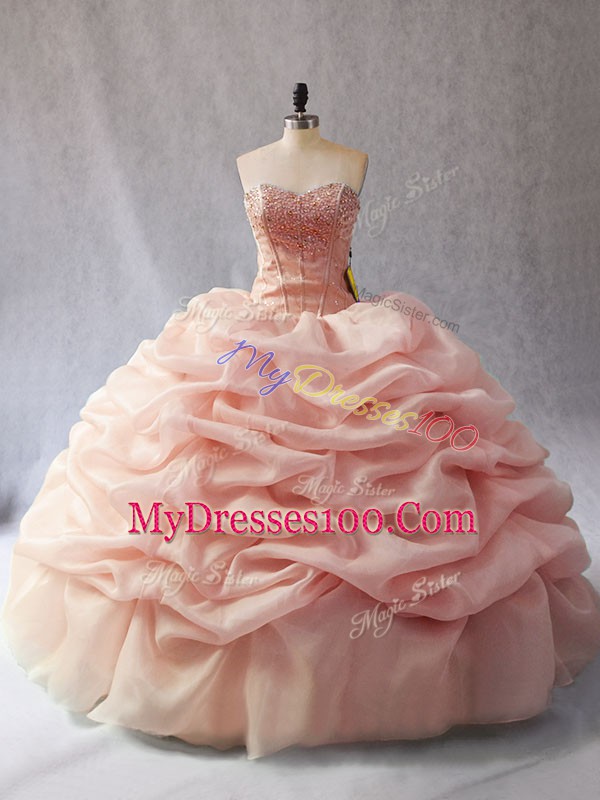 Custom Design Peach Sweetheart Neckline Beading and Pick Ups Ball Gown Prom Dress Sleeveless Lace Up