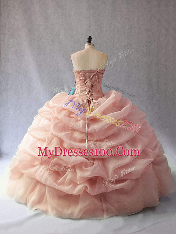 Custom Design Peach Sweetheart Neckline Beading and Pick Ups Ball Gown Prom Dress Sleeveless Lace Up