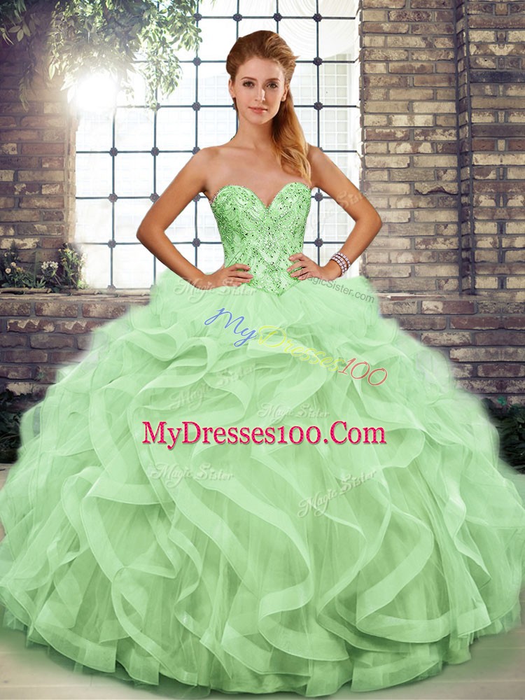 Extravagant Floor Length Lace Up Vestidos de Quinceanera Apple Green for Military Ball and Sweet 16 and Quinceanera with Beading and Ruffles