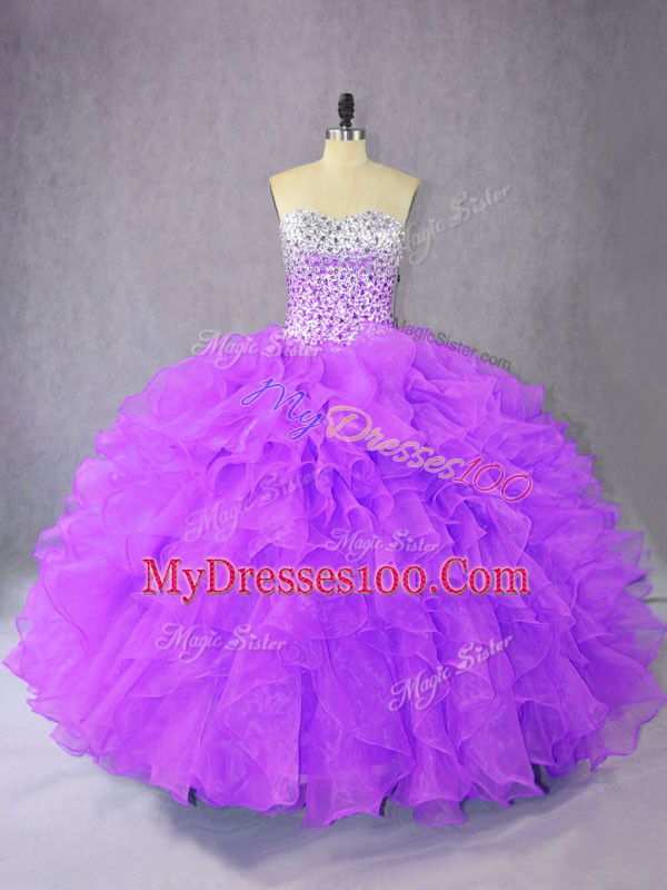 Artistic Purple Lace Up Sweetheart Beading and Ruffles Quince Ball Gowns Organza Sleeveless