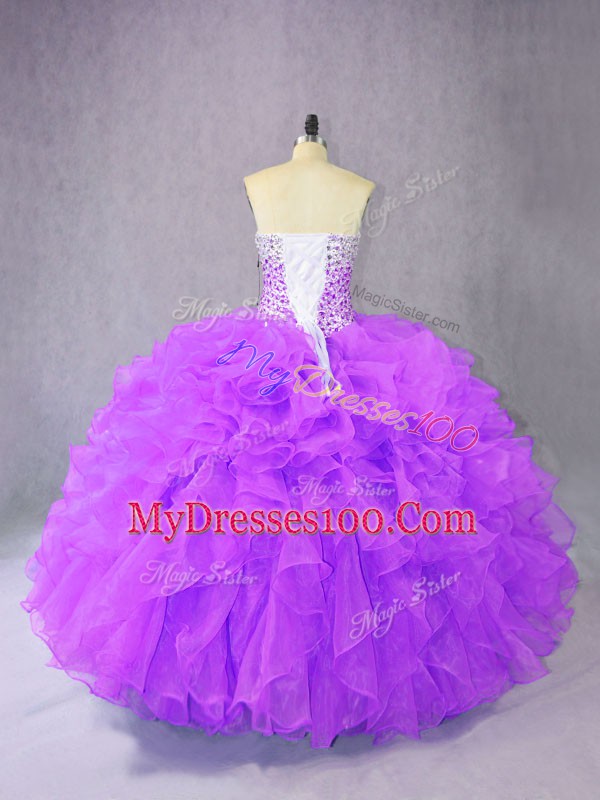 Artistic Purple Lace Up Sweetheart Beading and Ruffles Quince Ball Gowns Organza Sleeveless