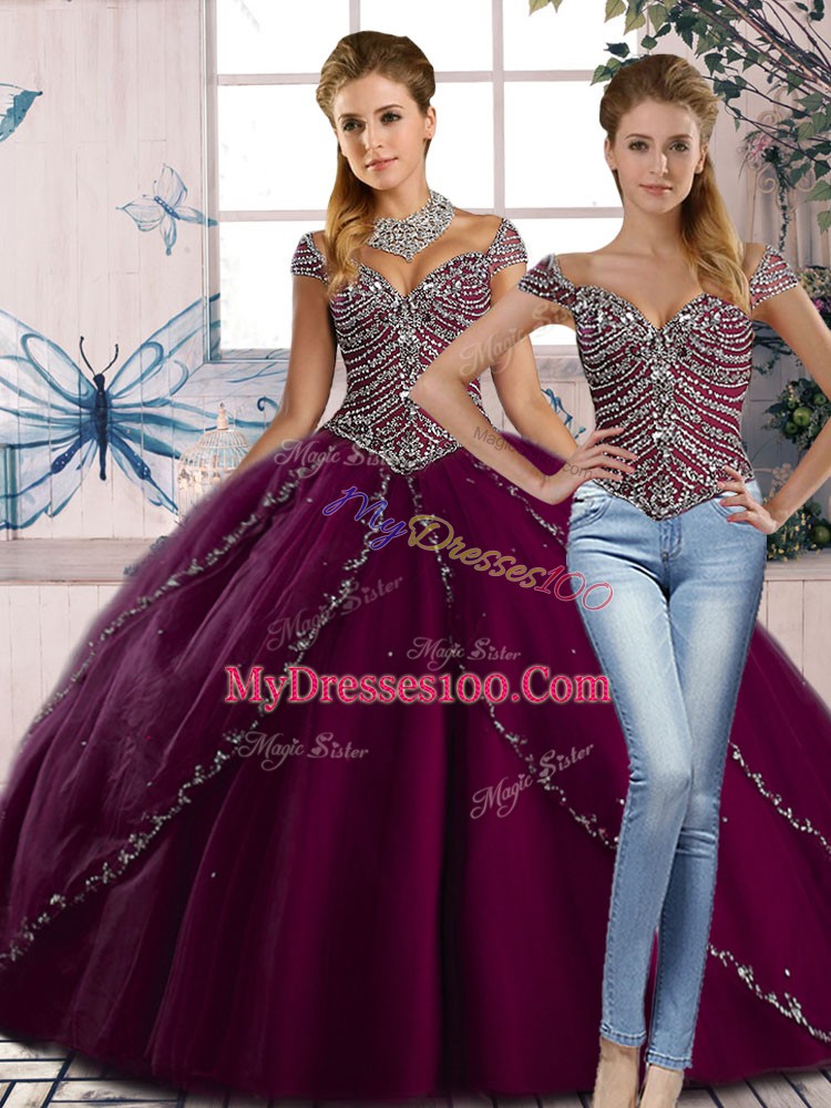 Fabulous Ball Gowns Cap Sleeves Purple Quinceanera Dress Brush Train Lace Up