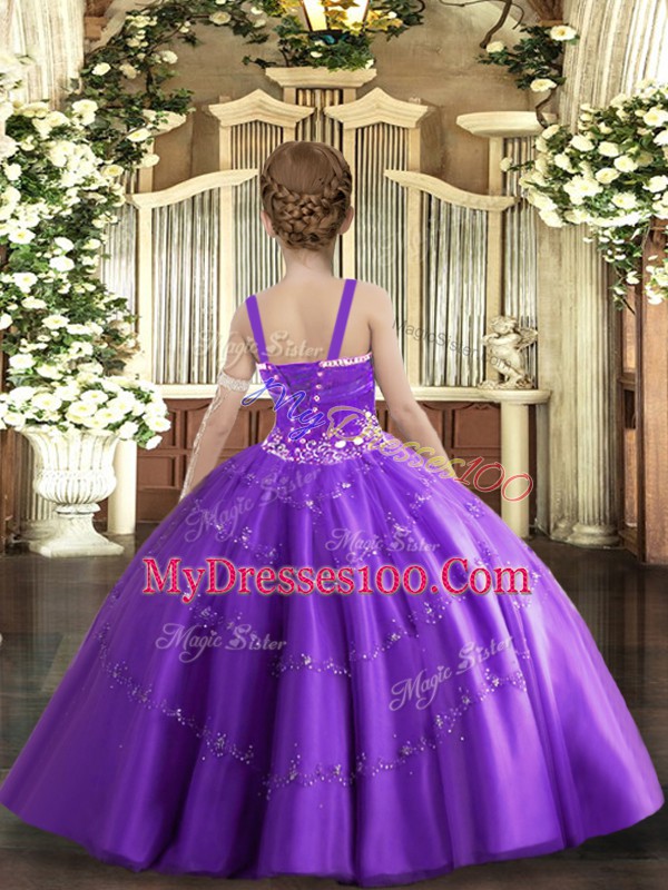 Lilac Taffeta and Tulle Lace Up Pageant Dress Womens Sleeveless Floor Length Beading