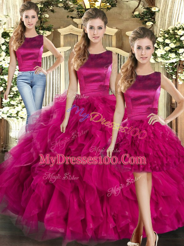 Latest Floor Length Lace Up 15 Quinceanera Dress Fuchsia for Military Ball and Sweet 16 and Quinceanera with Ruffles