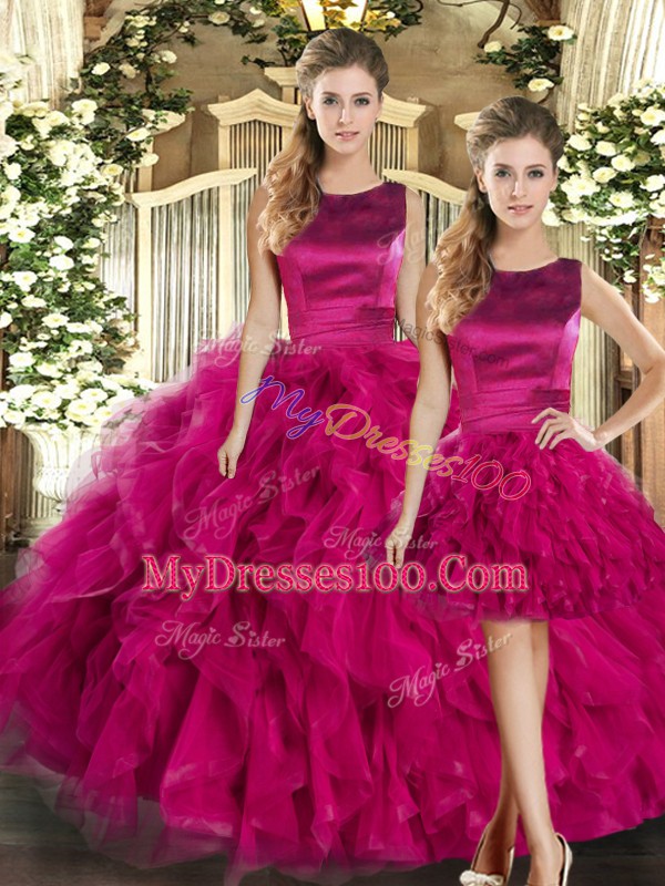 Latest Floor Length Lace Up 15 Quinceanera Dress Fuchsia for Military Ball and Sweet 16 and Quinceanera with Ruffles