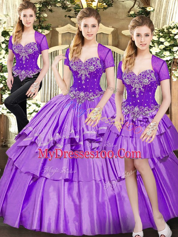 Sweetheart Sleeveless Organza and Taffeta Ball Gown Prom Dress Beading and Ruffled Layers Lace Up