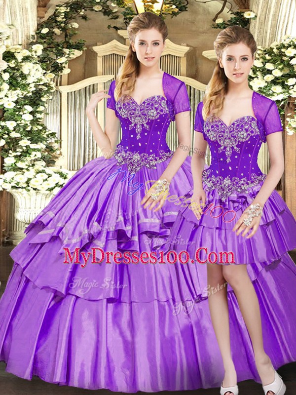 Sweetheart Sleeveless Organza and Taffeta Ball Gown Prom Dress Beading and Ruffled Layers Lace Up