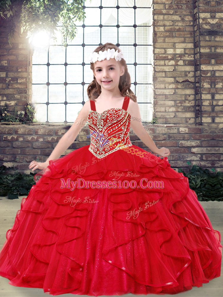 Red Ball Gowns Tulle Straps Sleeveless Beading and Ruffles Floor Length Lace Up Kids Formal Wear