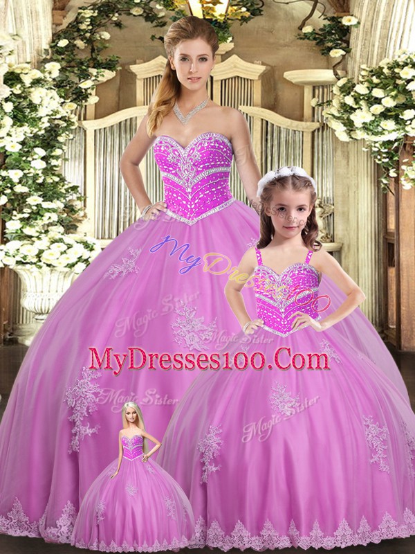 Lilac Sleeveless Floor Length Beading and Appliques Lace Up Quince Ball Gowns