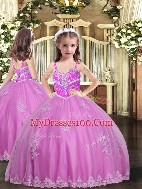 Lilac Sleeveless Floor Length Beading and Appliques Lace Up Quince Ball Gowns