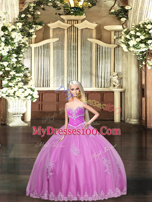 Lilac Sleeveless Floor Length Beading and Appliques Lace Up Quince Ball Gowns