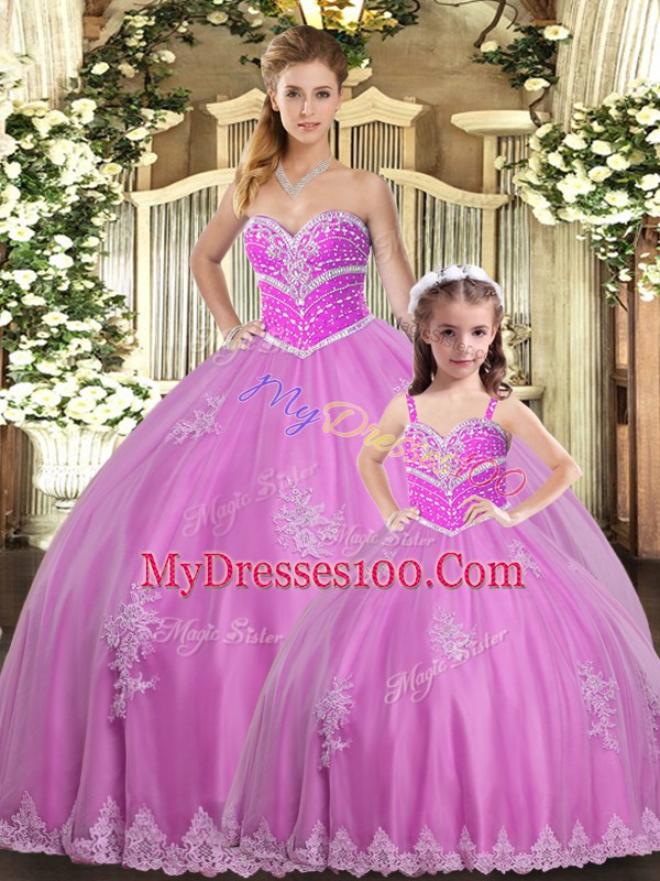Lilac Sleeveless Floor Length Beading and Appliques Lace Up Quince Ball Gowns