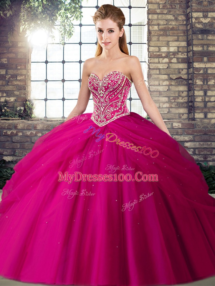 Tulle Sleeveless Vestidos de Quinceanera Brush Train and Beading and Pick Ups