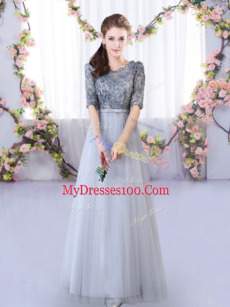 Tulle Scoop Half Sleeves Lace Up Appliques Wedding Guest Dresses in Grey