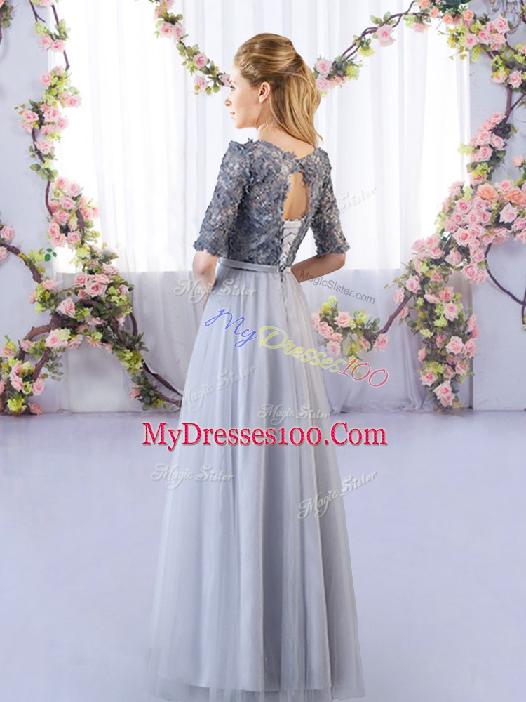 Tulle Scoop Half Sleeves Lace Up Appliques Wedding Guest Dresses in Grey