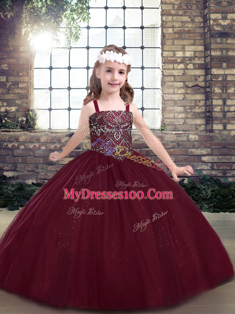 New Style Tulle Straps Sleeveless Lace Up Beading Girls Pageant Dresses in Burgundy