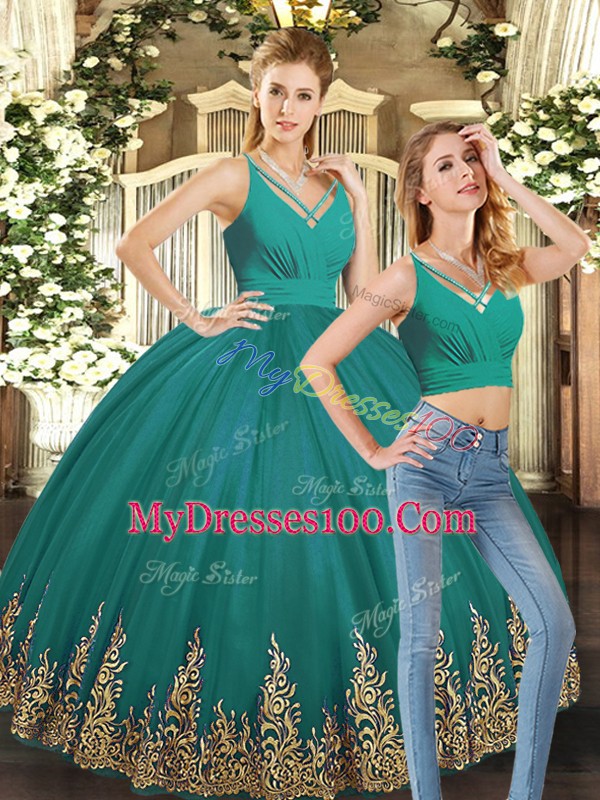 New Arrival Two Pieces Quinceanera Gown Turquoise V-neck Tulle Sleeveless Floor Length Backless