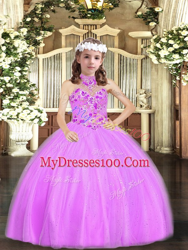 Hot Selling Sleeveless Floor Length Appliques Lace Up Pageant Dress for Teens with Lilac