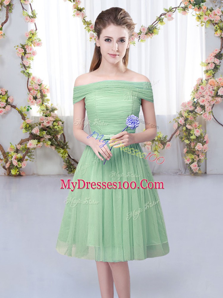 Green Empire Off The Shoulder Short Sleeves Tulle Knee Length Lace Up Belt Quinceanera Court of Honor Dress