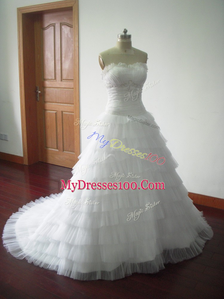 Dazzling White Bridal Gown Sweetheart Sleeveless Brush Train Lace Up