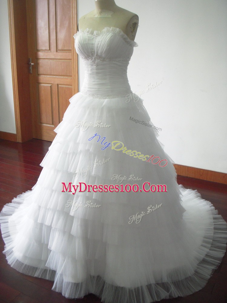 Dazzling White Bridal Gown Sweetheart Sleeveless Brush Train Lace Up