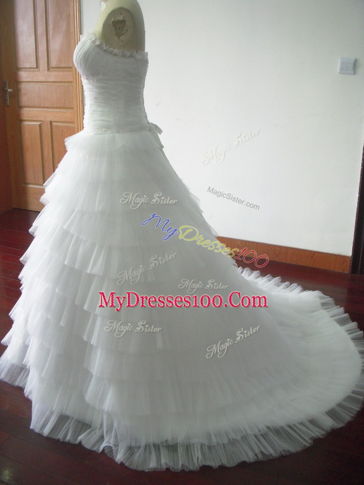 Dazzling White Bridal Gown Sweetheart Sleeveless Brush Train Lace Up