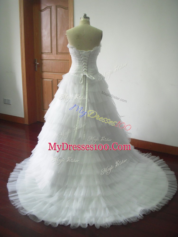 Dazzling White Bridal Gown Sweetheart Sleeveless Brush Train Lace Up