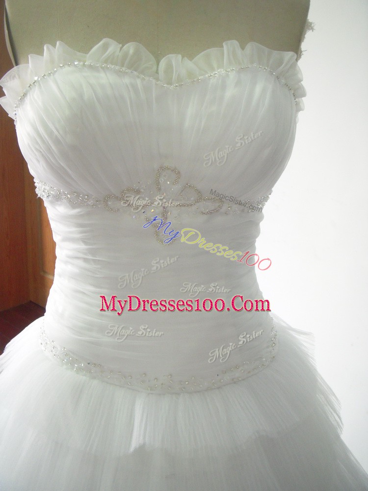 Dazzling White Bridal Gown Sweetheart Sleeveless Brush Train Lace Up