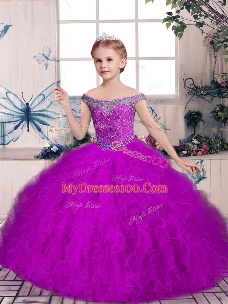 Sleeveless Lace Up Floor Length Beading and Ruffles Pageant Gowns
