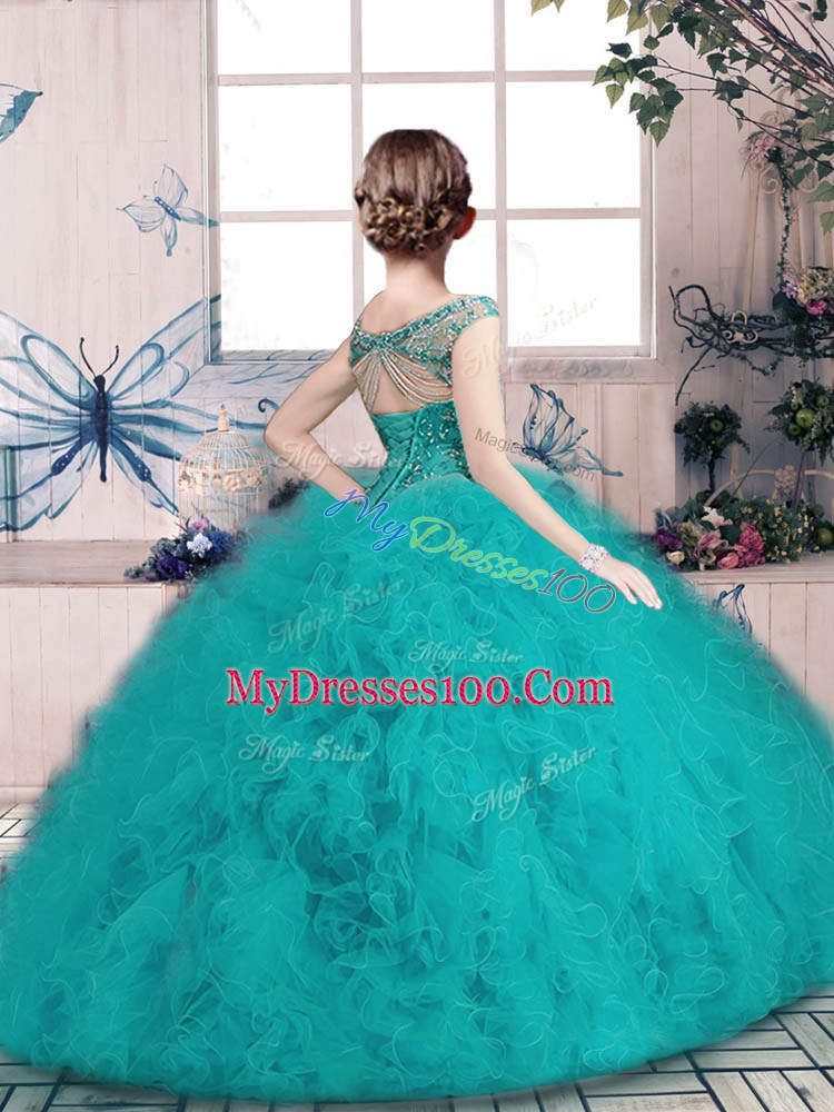 Sleeveless Lace Up Floor Length Beading and Ruffles Pageant Gowns
