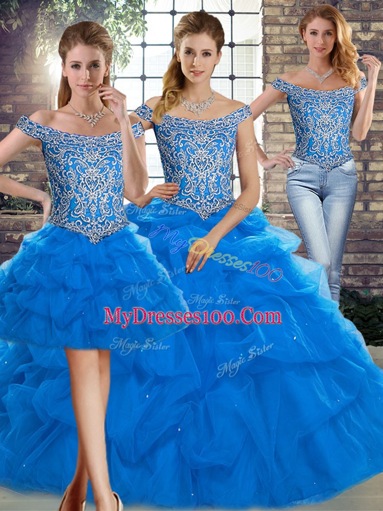 Blue Tulle Lace Up Off The Shoulder Sleeveless Quinceanera Gown Brush Train Beading and Pick Ups
