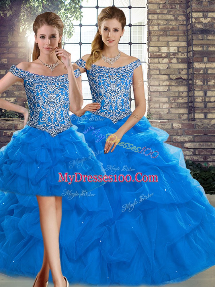Blue Tulle Lace Up Off The Shoulder Sleeveless Quinceanera Gown Brush Train Beading and Pick Ups