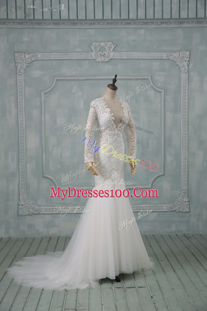 On Sale Tulle Long Sleeves Wedding Dresses Brush Train and Lace