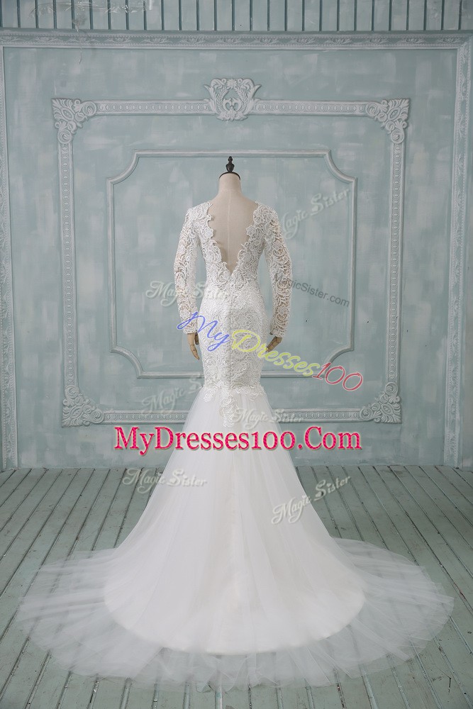 On Sale Tulle Long Sleeves Wedding Dresses Brush Train and Lace
