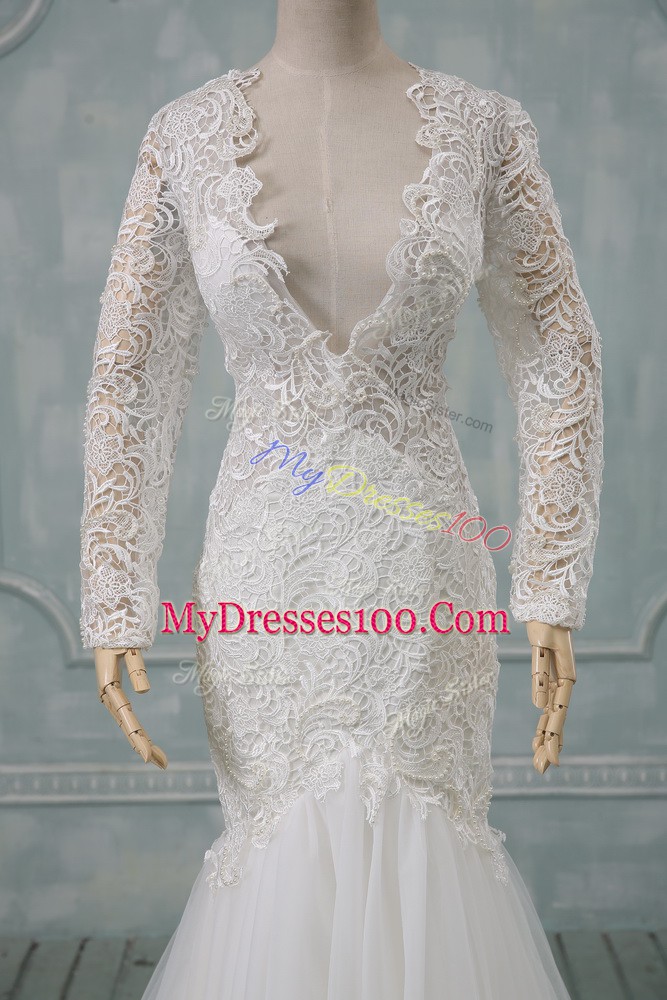 On Sale Tulle Long Sleeves Wedding Dresses Brush Train and Lace