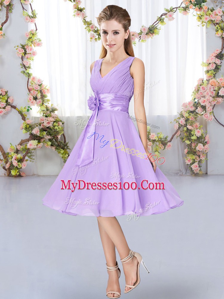 Deluxe Lavender Chiffon Lace Up Wedding Guest Dresses Sleeveless Knee Length Hand Made Flower