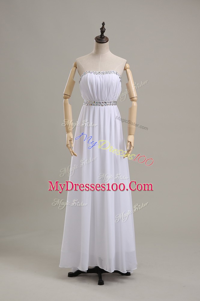 White Chiffon Backless Strapless Sleeveless Floor Length Wedding Gown Beading