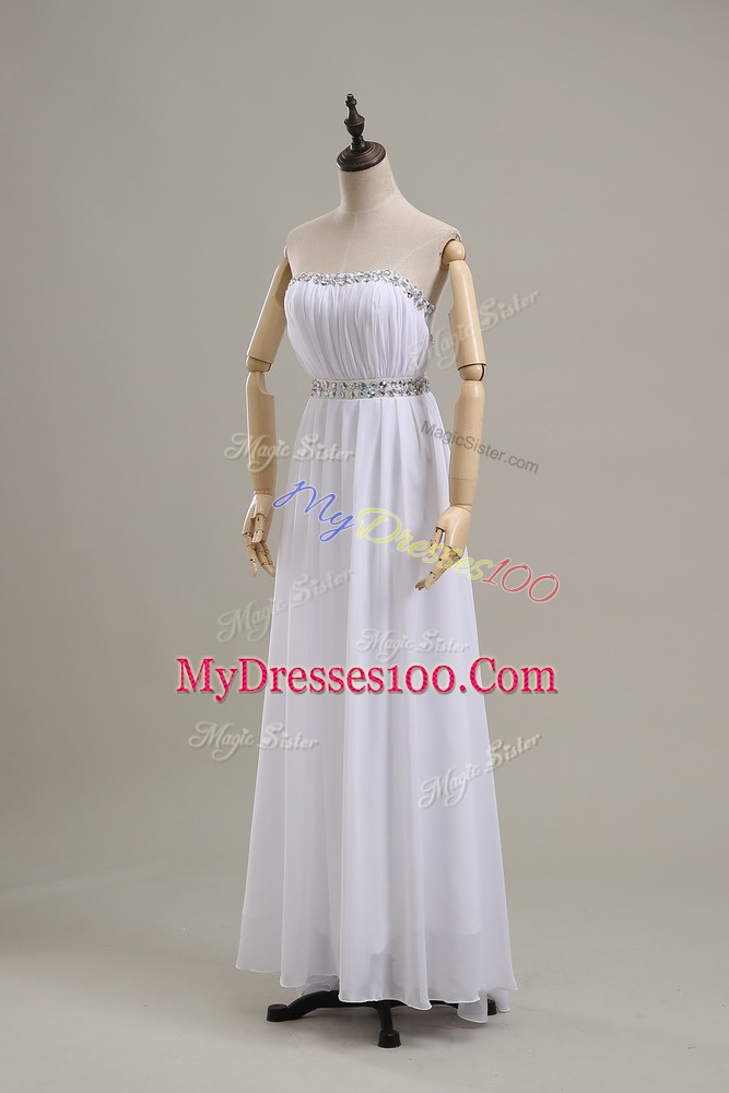 White Chiffon Backless Strapless Sleeveless Floor Length Wedding Gown Beading