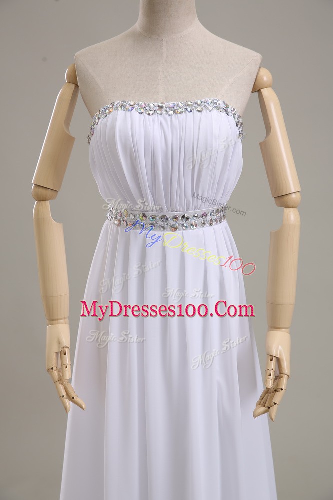 White Chiffon Backless Strapless Sleeveless Floor Length Wedding Gown Beading