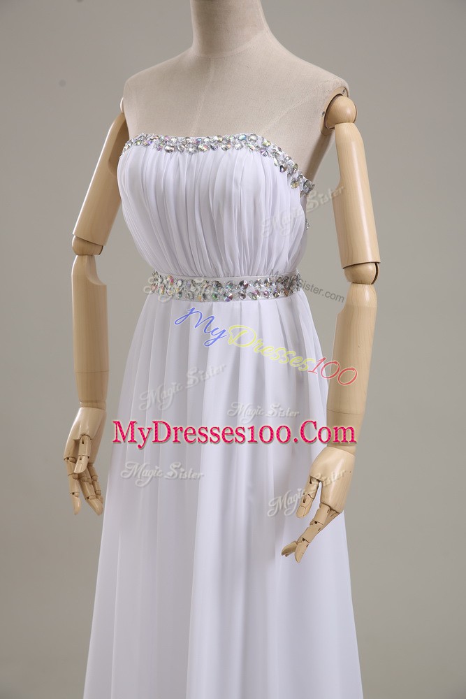 White Chiffon Backless Strapless Sleeveless Floor Length Wedding Gown Beading