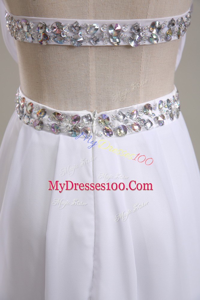 White Chiffon Backless Strapless Sleeveless Floor Length Wedding Gown Beading