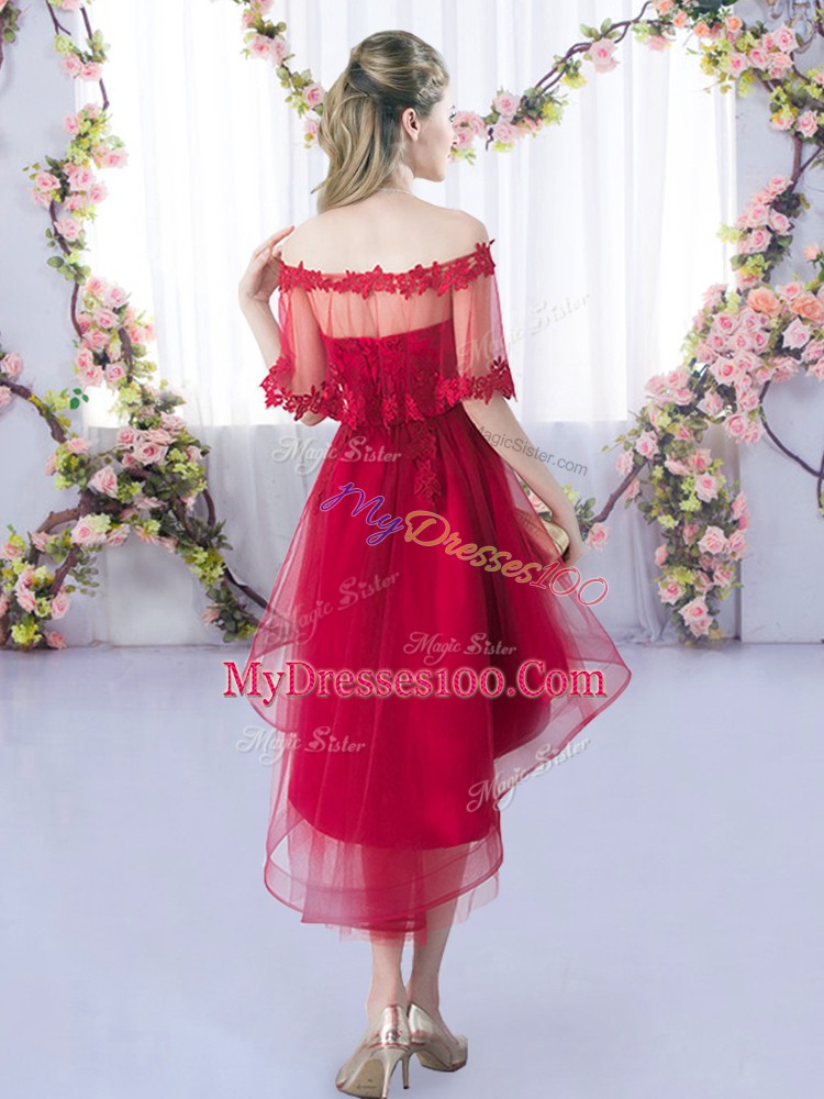 Exceptional Tulle Sweetheart Sleeveless Lace Up Lace Bridesmaid Dresses in Fuchsia