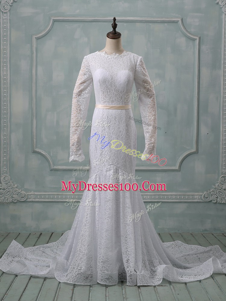 White Backless Wedding Dresses Lace and Belt Long Sleeves Court Train