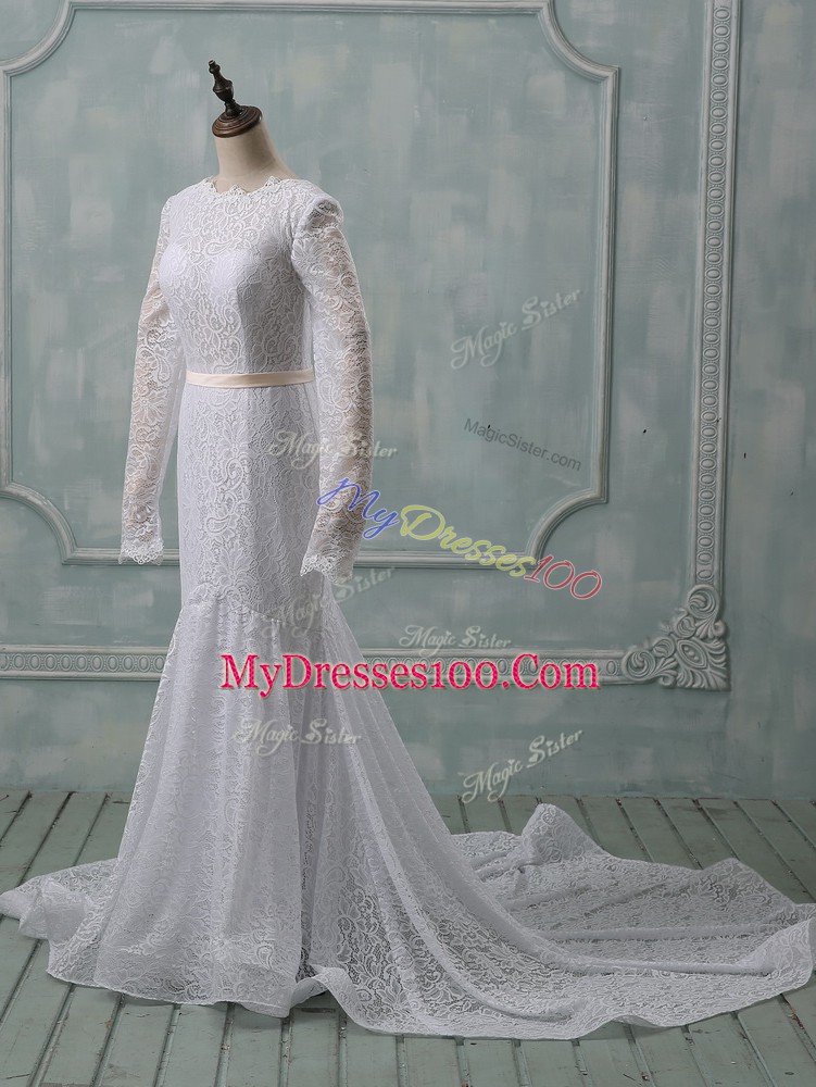 White Backless Wedding Dresses Lace and Belt Long Sleeves Court Train