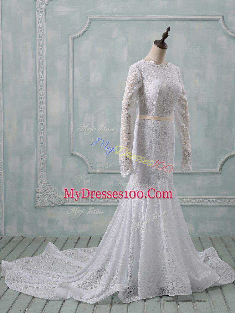 White Backless Wedding Dresses Lace and Belt Long Sleeves Court Train