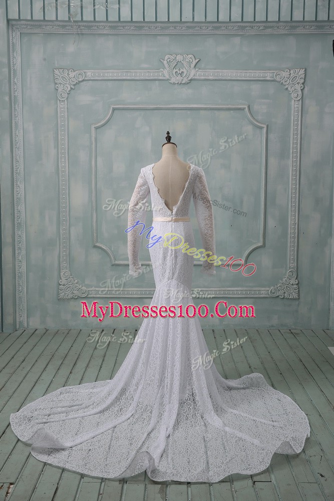 White Backless Wedding Dresses Lace and Belt Long Sleeves Court Train