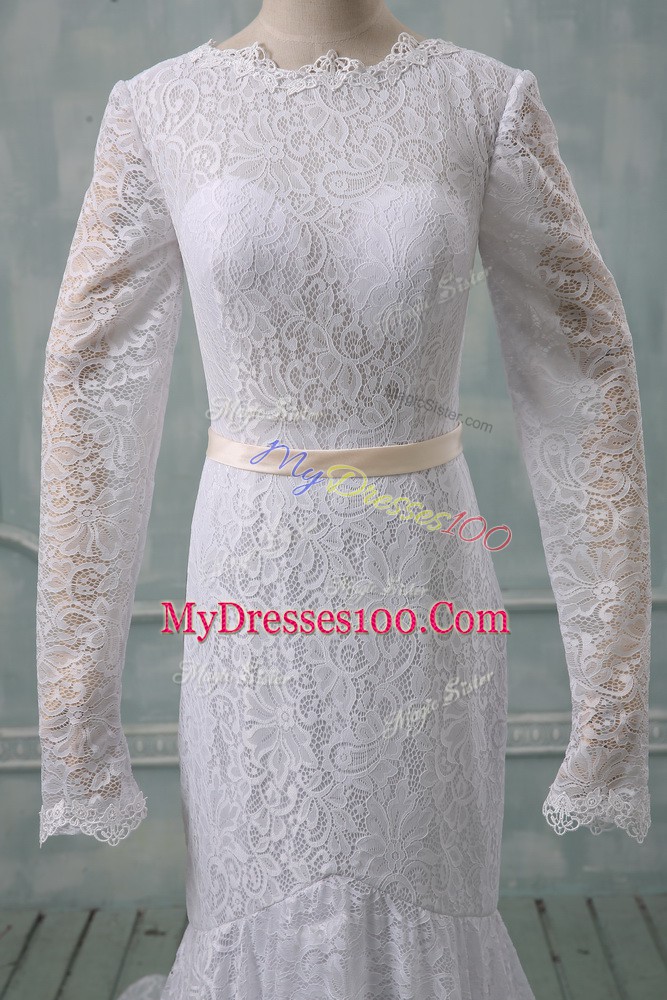 White Backless Wedding Dresses Lace and Belt Long Sleeves Court Train