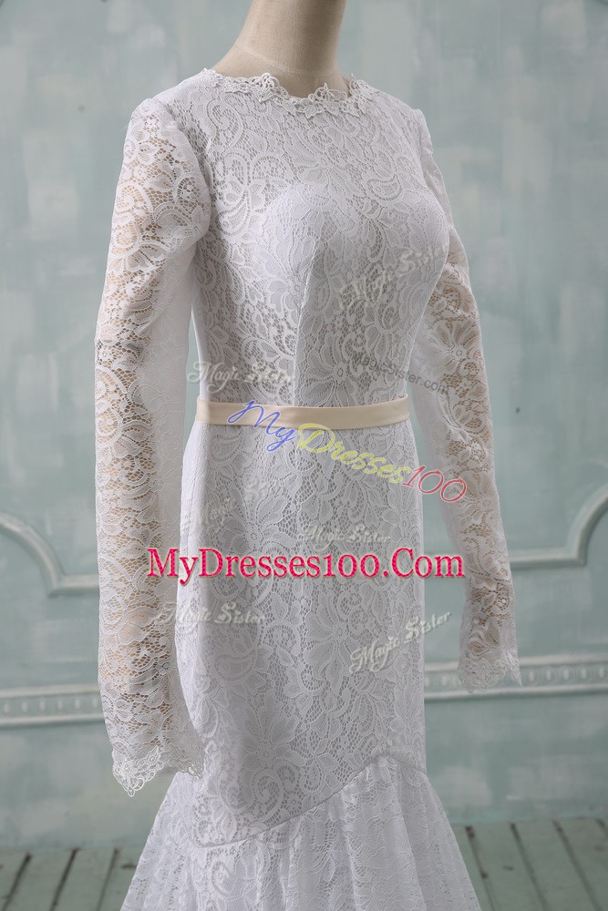 White Backless Wedding Dresses Lace and Belt Long Sleeves Court Train