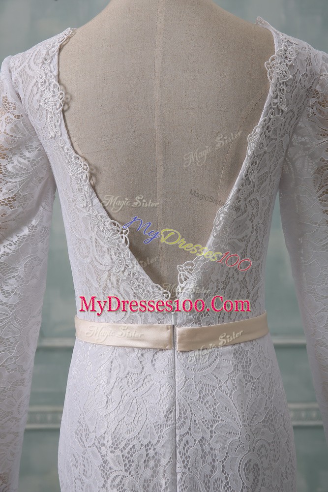 White Backless Wedding Dresses Lace and Belt Long Sleeves Court Train