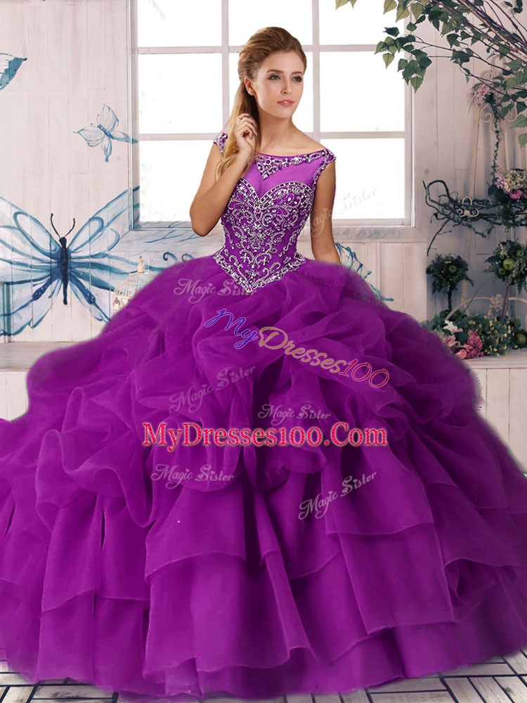 Affordable Purple Ball Gowns Organza Scoop Sleeveless Beading and Pick Ups Zipper Sweet 16 Dresses Brush Train